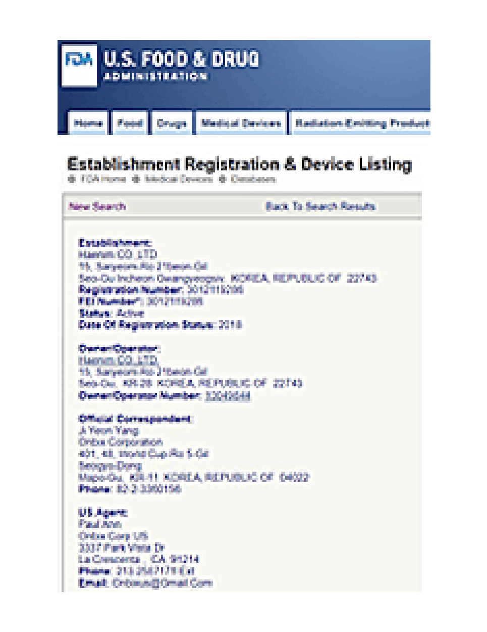 FDA Registration Certificate